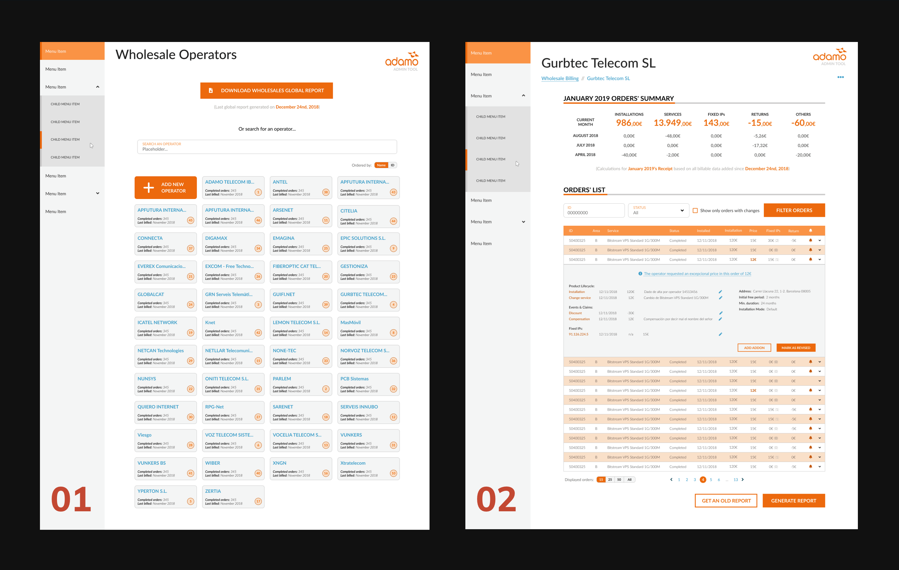 Wholesale Billing mockups: Operators page, Orders page