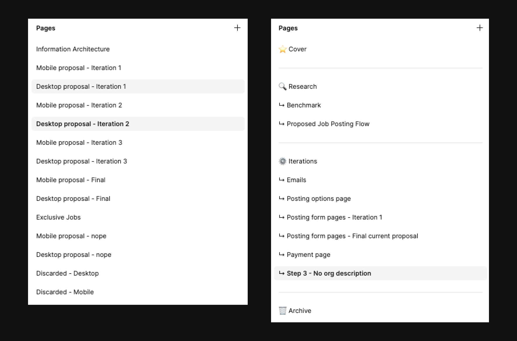 File structure comparison: early (left) vs. latest iteration (right)