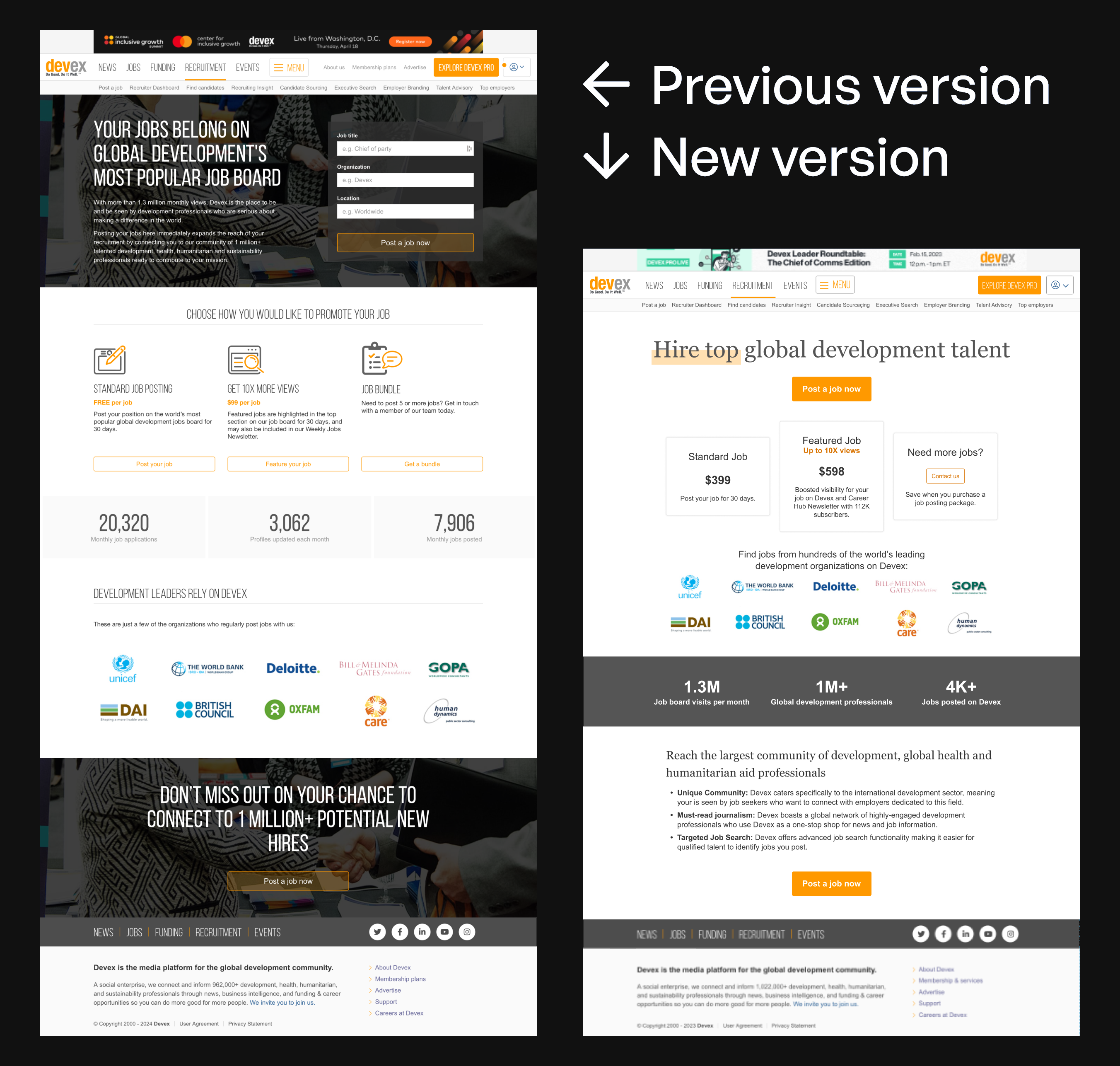 Old vs new marketing page comparison